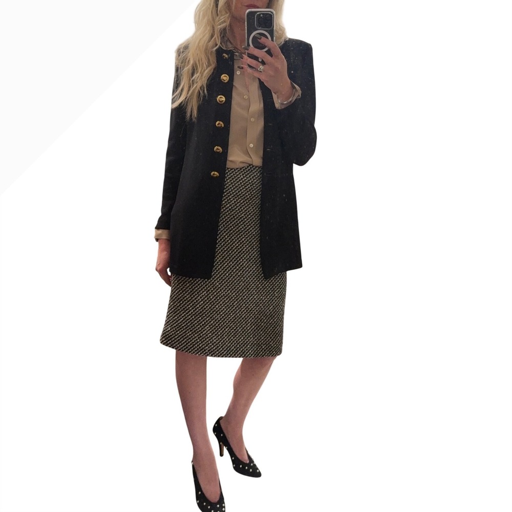 St. John Collection Longline Knit Blazer Jacket S Black Gold Button